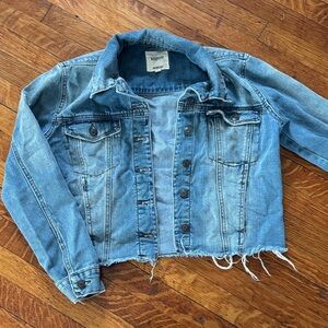 kensie Distressed Light Blue Cropped Denim Jacket